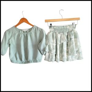 H&M Girls' Skirt Set Smocked Waist Tiered Ruffle Mint Green‎ Size 12